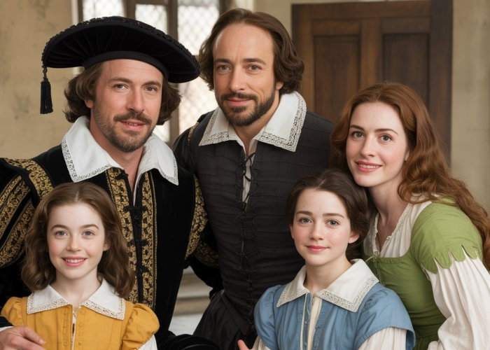 William Shakespeare pictured with his wife Anne Hathaway and their three children: Susanna, Hamnet, and Judith.