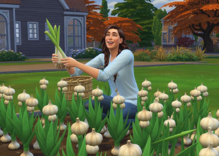Sim harvesting garlic in The Sims 4, celebrating Garlic Season!