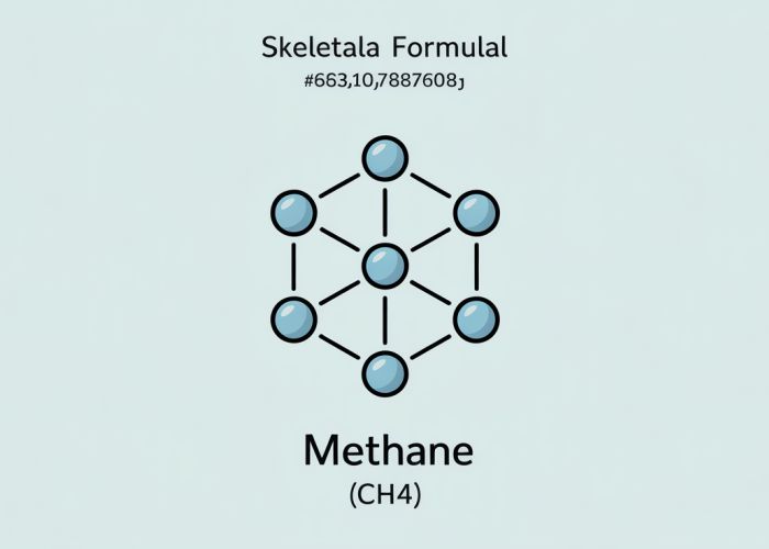 Skeletal formula of methane (CH4) showing implied hydrogen atoms and tetrahedral geometry.