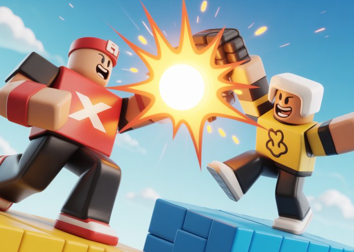 Roblox character using a powerful glove in Slap Battles to launch another character off a platform.