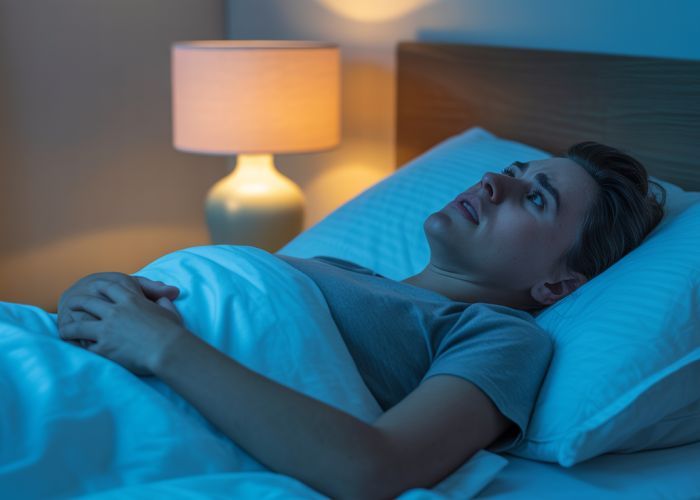 Person in bed experiencing nausea due to lack of sleep.