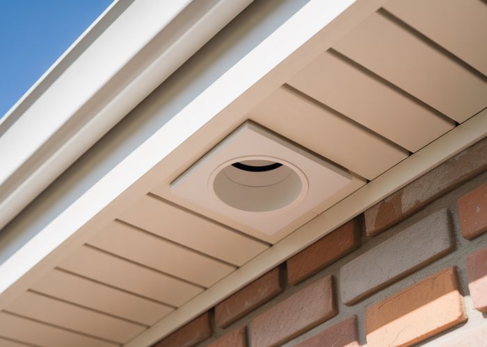 Soffit outlet installed on the exterior of a modern home, providing weatherproof electrical access.