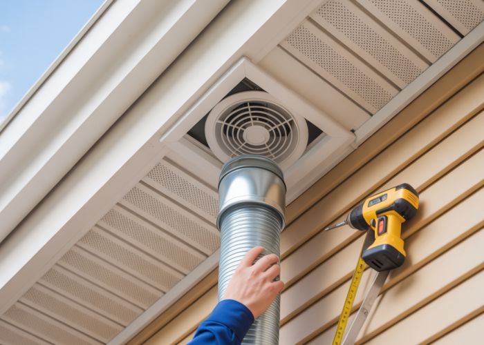 Soffit vent installed for bathroom fan exhaust, showing proper duct connection.