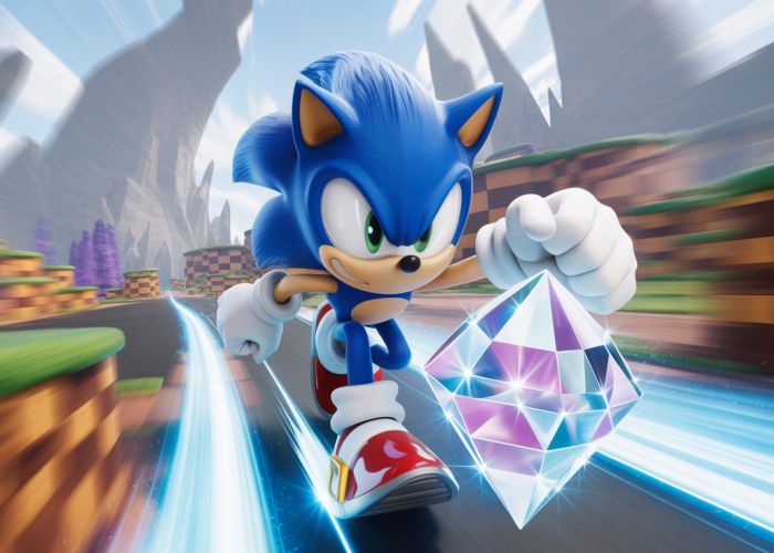 Sonic the Hedgehog speeding through a crystal cave with a glowing crystal.
