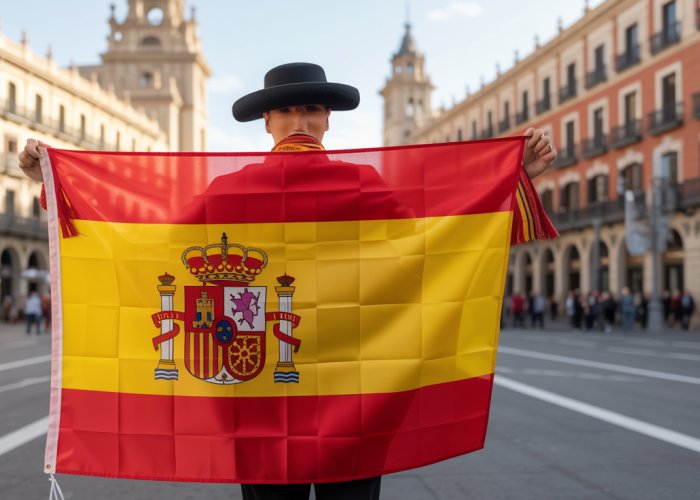 Person holding a Spanish flag and smiling in front of the Sagrada Familia in Barcelona.