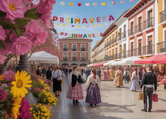 A vibrant Spanish town square celebrating the arrival of Primavera (Spring), with blooming flowers, colorful decorations, and people dressed in traditional clothing.