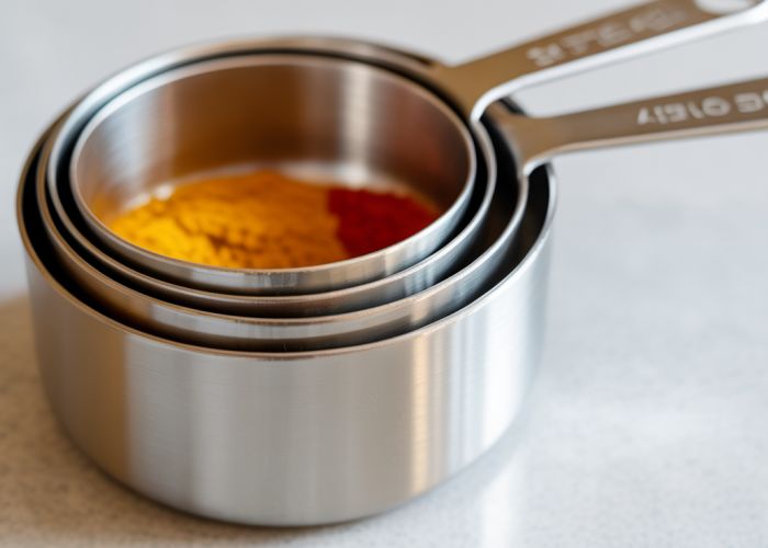 Stainless steel measuring cups on a white kitchen counter, one filled with a vibrant spice.