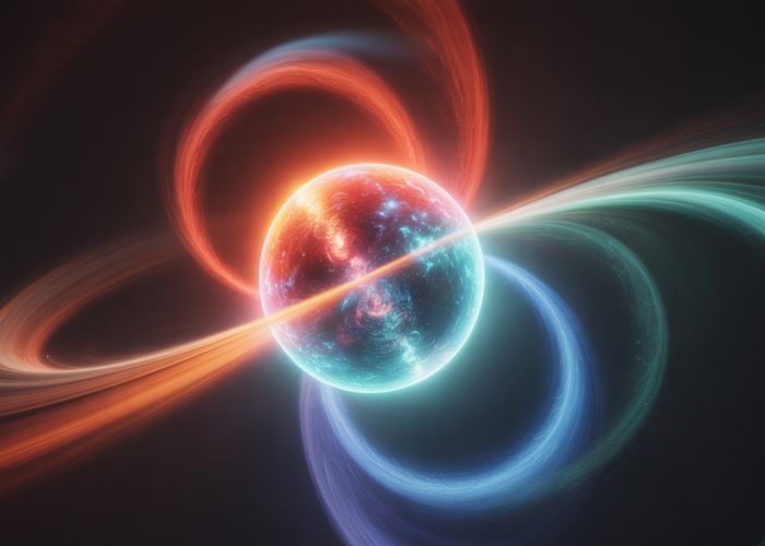 Star changing colors in space, transitioning from red to blue with swirling nebulae.