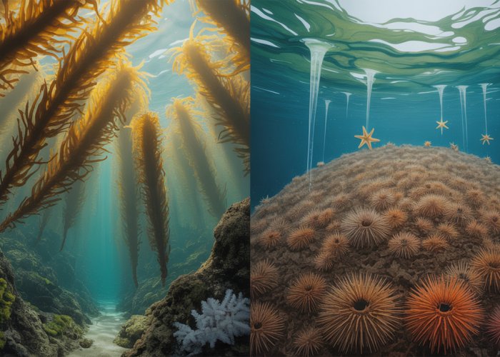 Two-panel image showing the devastating consequences of removing starfish from a marine ecosystem. Left: Healthy kelp forest. Right: Barren urchin-dominated landscape.