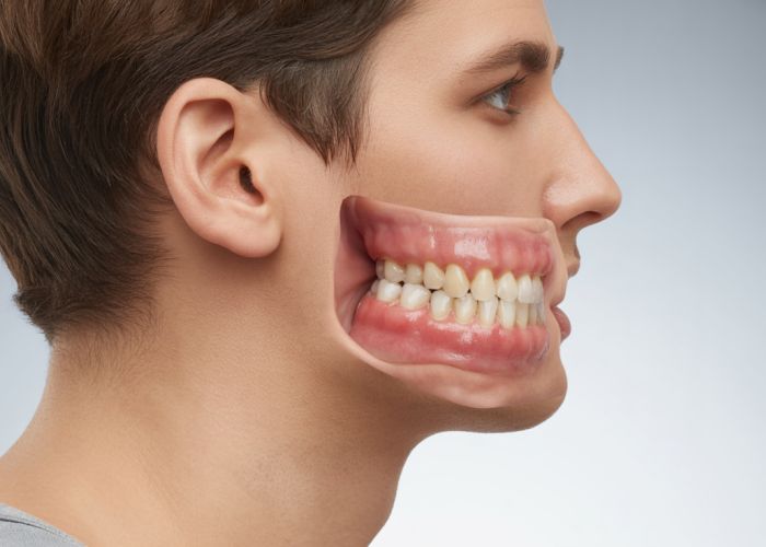 X-ray showing a steep mandibular plane angle, highlighting the increased angle between the lower jaw and a horizontal reference line.