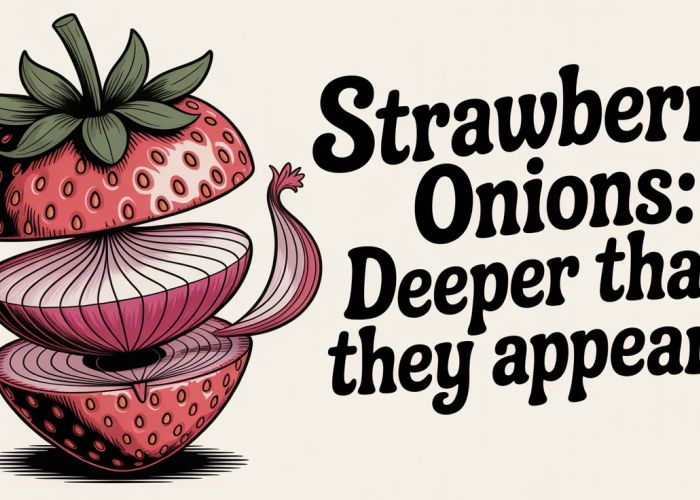 Illustration of a strawberry with onion layers, representing the complexity of understanding hidden meanings.