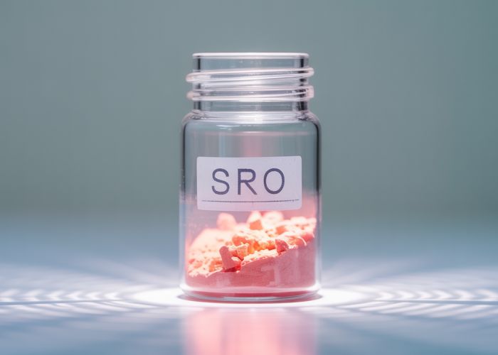 Strontium oxide (SrO) powder in a vial, a binary ionic compound.