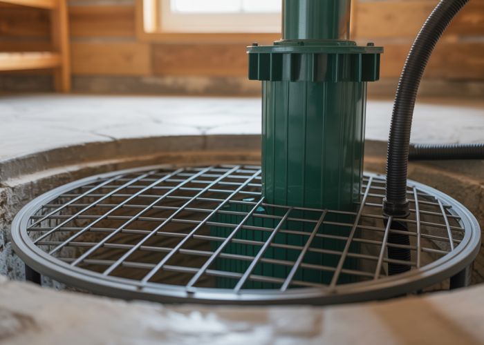 Sump pump pit with protective screen preventing debris from entering.