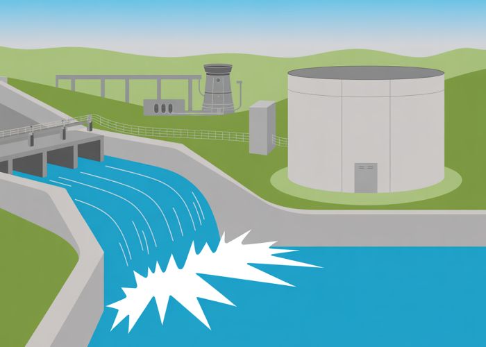 Diagram of a surge tank connected to a penstock, illustrating its role in preventing water hammer in a hydroelectric system.