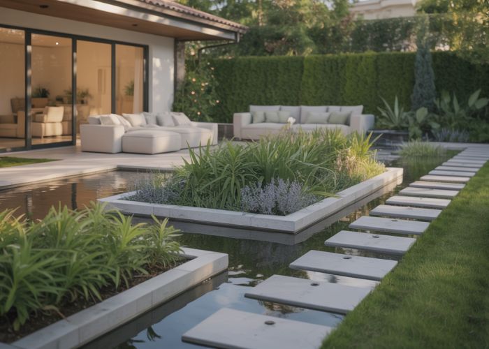 Residential garden showcasing sustainable landscaping and effective rainwater harvesting techniques.