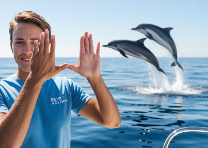 Person signing 'swim with dolphins' in American Sign Language with dolphins visible in the background.