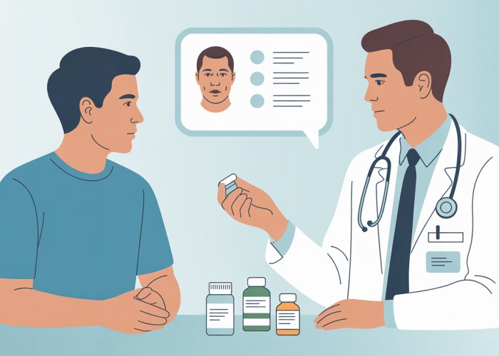 Doctor explaining antipsychotic medication options to a concerned patient.