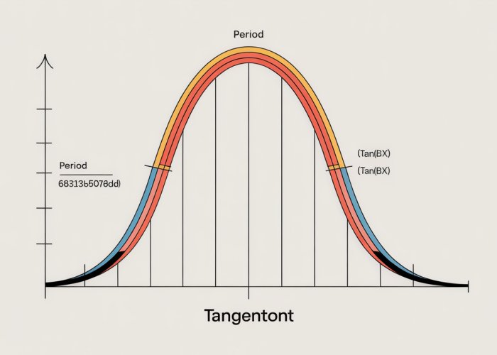 Graph of the tangent function showing one period, labeled axes, and asymptotes. Demonstrates the concept of period determination.