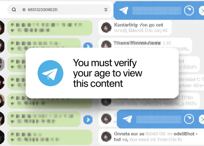 Telegram notification: You must verify your age to view this content. Potentially suggestive blurred chat visible underneath.
