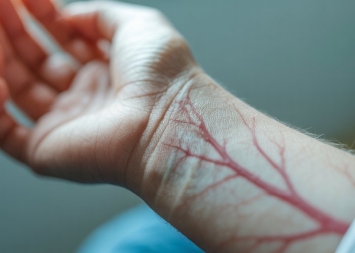 Close-up of a wrist with visible veins, representing a weak or thready pulse.