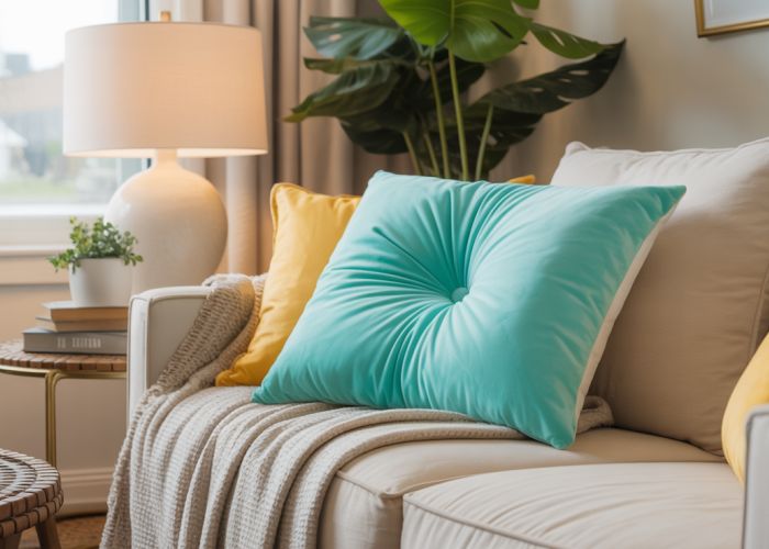 Tiffany Houston Pillow Ride art pillow in a stylish living room setting.