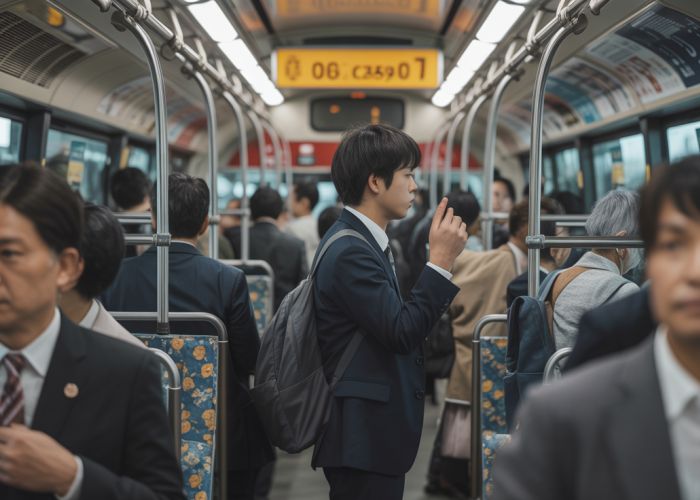 Crowded Tokyo bus at rush hour showing passengers avoiding physical contact.