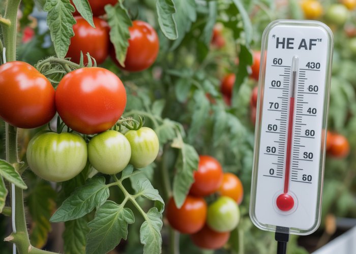 Tomato plants showing signs of temperature stress (heat or cold) alongside healthy plants.