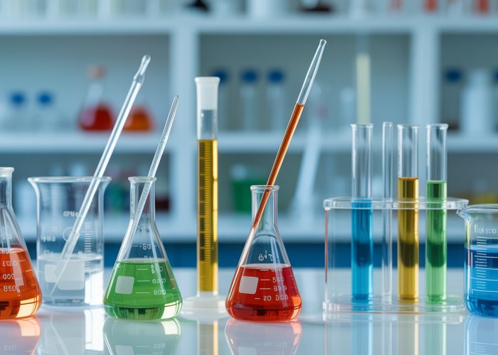 Various laboratory tools for measuring volume, including beakers, graduated cylinders, and pipettes.