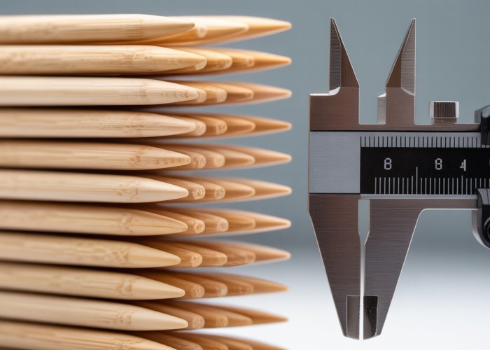 Measuring the diameter of a wooden toothpick with a digital caliper.