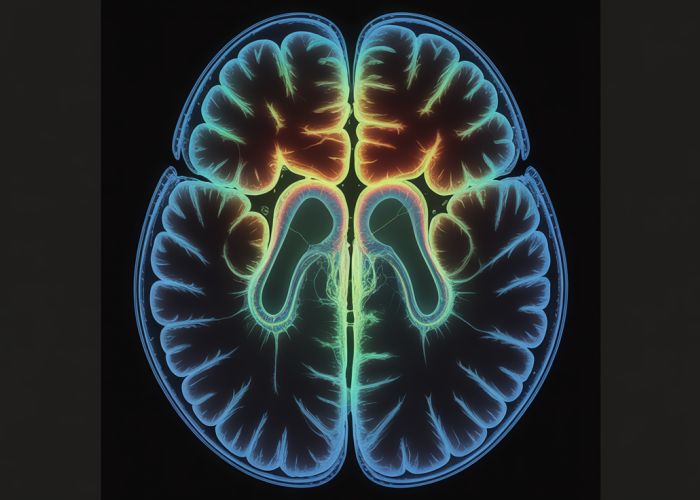 Microscopic image of fluorescent tracer highlighting neural pathways in a brain slice.