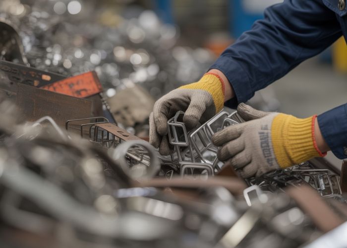 Scrap metal pieces being inspected in a manufacturing plant, emphasizing the importance of tracking waste.