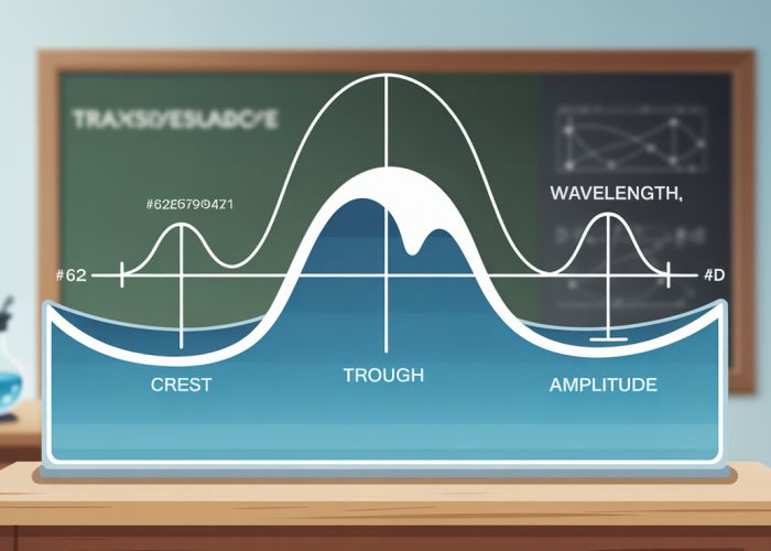 Diagram illustrating the components of a transverse wave, including crest, trough, wavelength, and amplitude.