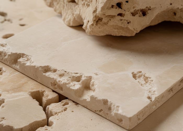 Close-up of travertine tile and stone, highlighting its natural texture.