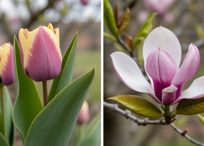 Tulip tree leaves and flowers compared to a magnolia blossom.