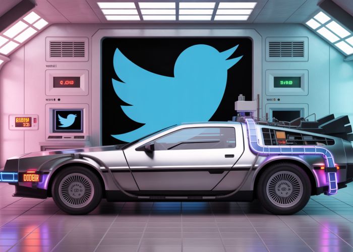 DeLorean parked in front of retro computer lab, symbolizing a Twitter time machine.