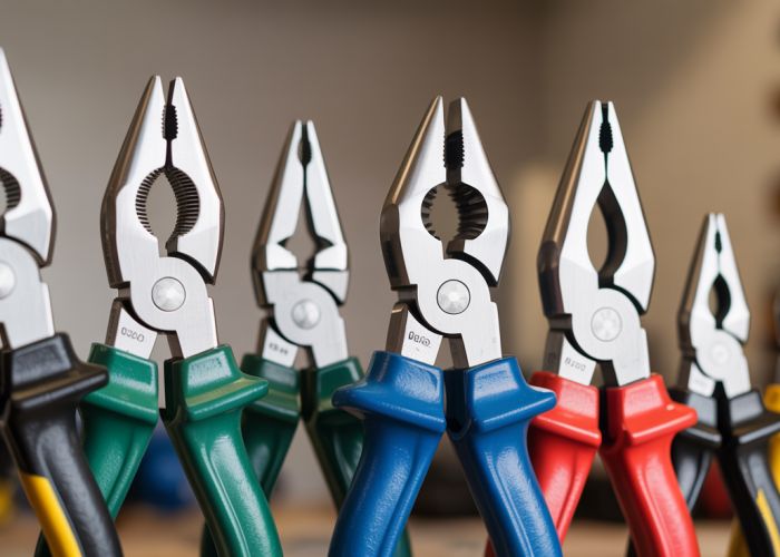 Different types of channel lock pliers arranged on a workbench, including tongue-and-groove, multi-grip, and more.