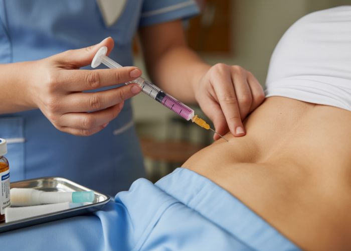Nurse administering subcutaneous heparin injection to patient's abdomen.