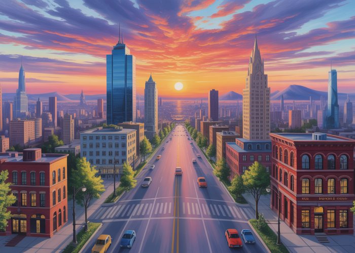 Oil painting of a cityscape receding into the distance with a dramatic sunset viewed using one-point perspective.