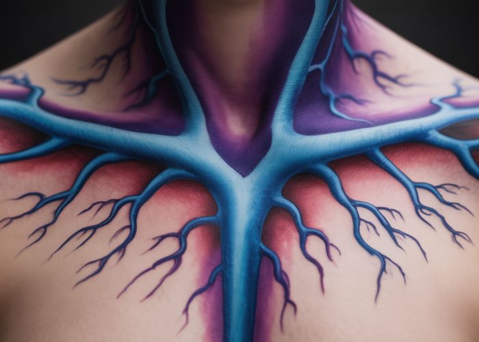 Body art depicting realistic veins in shades of blue and purple.