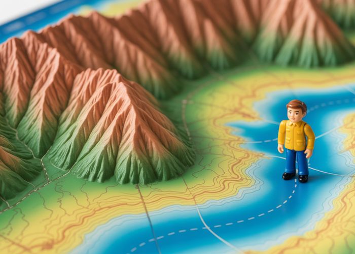 Toy figure looks perplexed next to a ridiculously exaggerated topographic map. Highlighting vertical exaggeration for beginners.