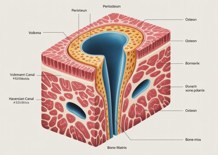 Diagram of bone tissue showing the Volkmann's canal connecting the periosteum to the Haversian canal.