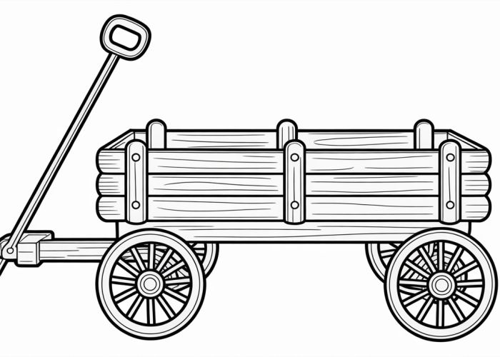 Black and white line drawing of a wooden wagon.