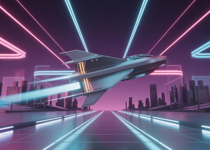 Animated spaceship taking off from a neon city, designed for Wallpaper Engine boot screen.