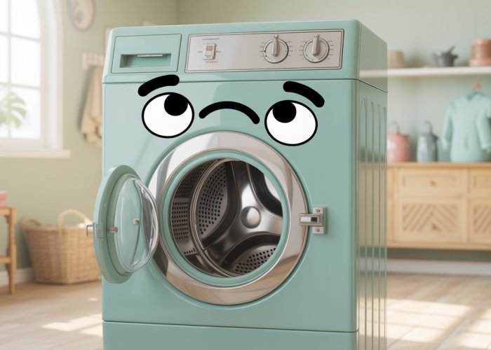 Cartoon washing machine with a questioning expression, representing the myth of people getting stuck inside.