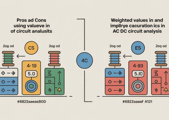 Infographic comparing weighted value use in AC and DC circuit analysis, highlighting benefits and drawbacks.