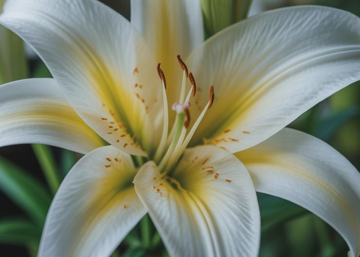 Close-up view of a white lily's petals, highlighting their delicate texture and curved shape.