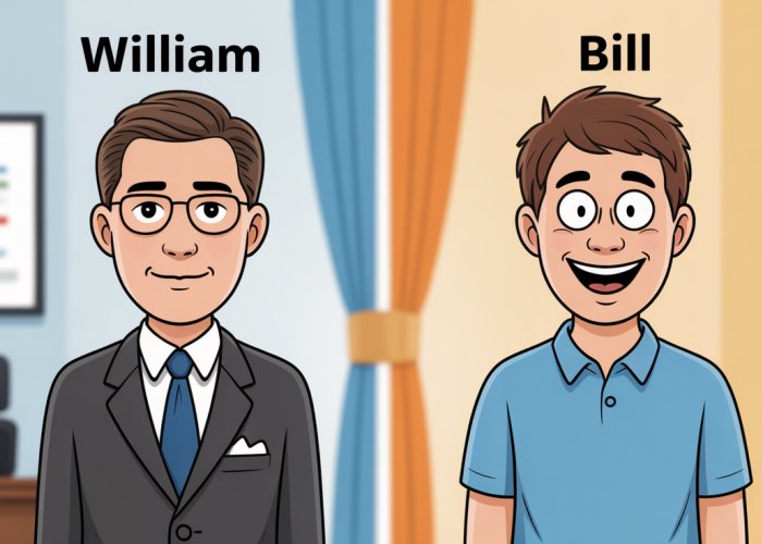 Cartoon depiction of 'William' in formal attire versus 'Bill' in casual clothes.