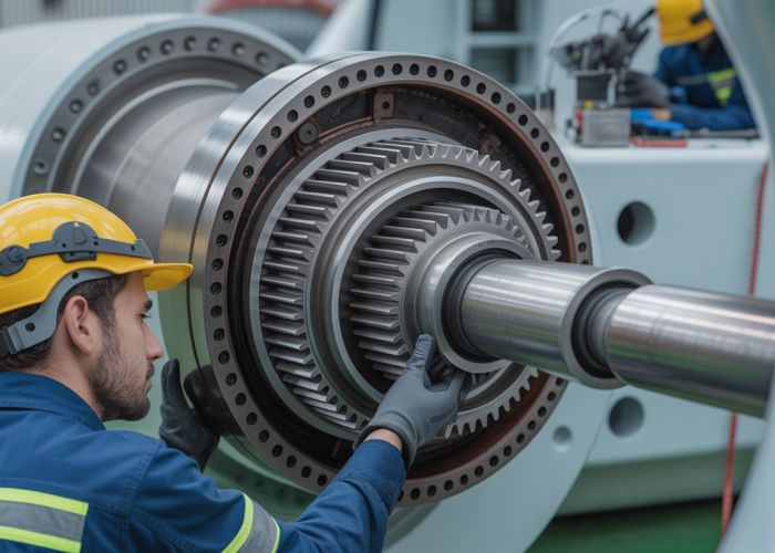 Wind turbine gearbox maintenance: A technician inspecting gears with precision.