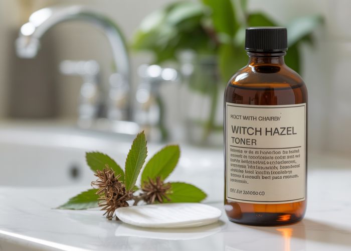 Amber glass bottle of witch hazel toner on a bathroom counter, preserving its properties.
