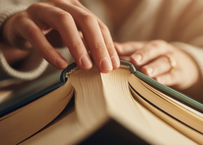 Hand delicately tracing the spine of a book, symbolizing the art of writing arousal.